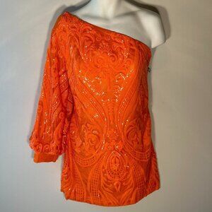 Orange Sequin One Shoulder Dress SZ 18 Party Cocktail Formal Prom Artsy Modern